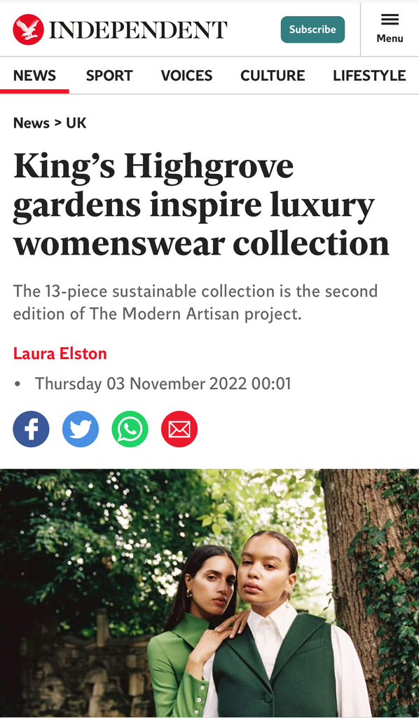 News article about King's Highgrove gardens inspiring a luxury womenswear collection on The Independent website.
